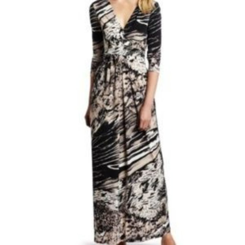 BCBG MaxAzria Pearl and Brown Long Sleeve Abstract Maxi Dress XS - Picture 2 of 13